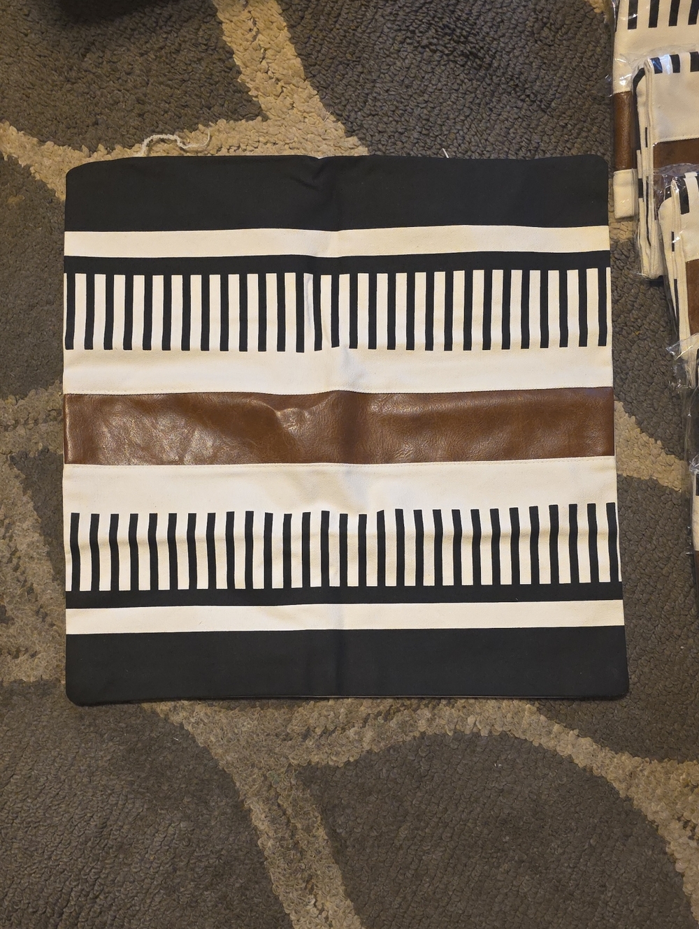 Black & White Stripe Pillow Cover with Brown Accent